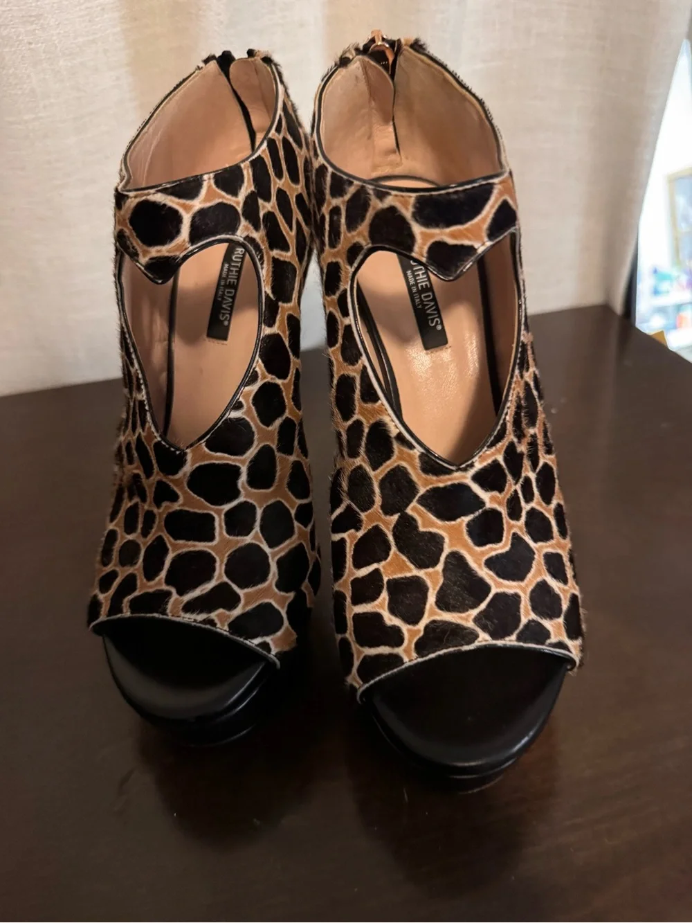 Ruthie Davis Giraffe-Print Tan and Black Peep-Toe Platform Heels